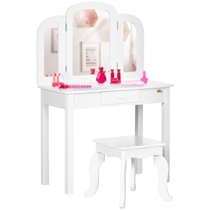 Qaba Kids Vanity Table & Chair Set, Girls Dressing Set, Make Up Desk with Tri-folding Mirrors, Drawer, White