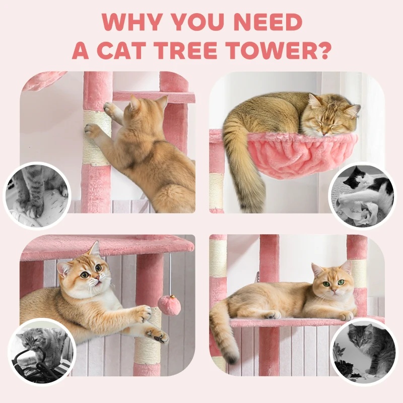 PawHut 94"-102" Floor to Ceiling Cat Tree High Cat Condo Scratching Post Activity Center Multi-Level Play House Pink