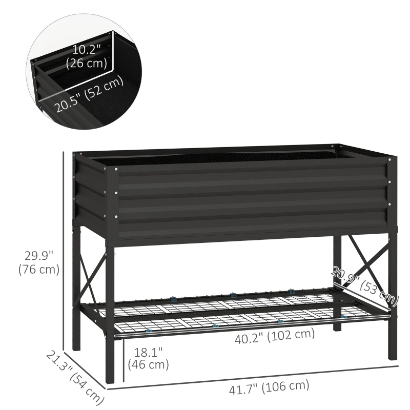 Outsunny Galvanized Raised Garden Bed, Metal Planter Box with Bed Liner and Storage Shelf, for Vegetables Flowers Herbs, Black