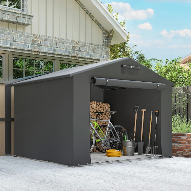 Outsunny 8' x 6' Portable Shed, Waterproof Bike Tent with Roll-up Zipper Door, Vent and Galvanised Metal Frame, Dark Grey