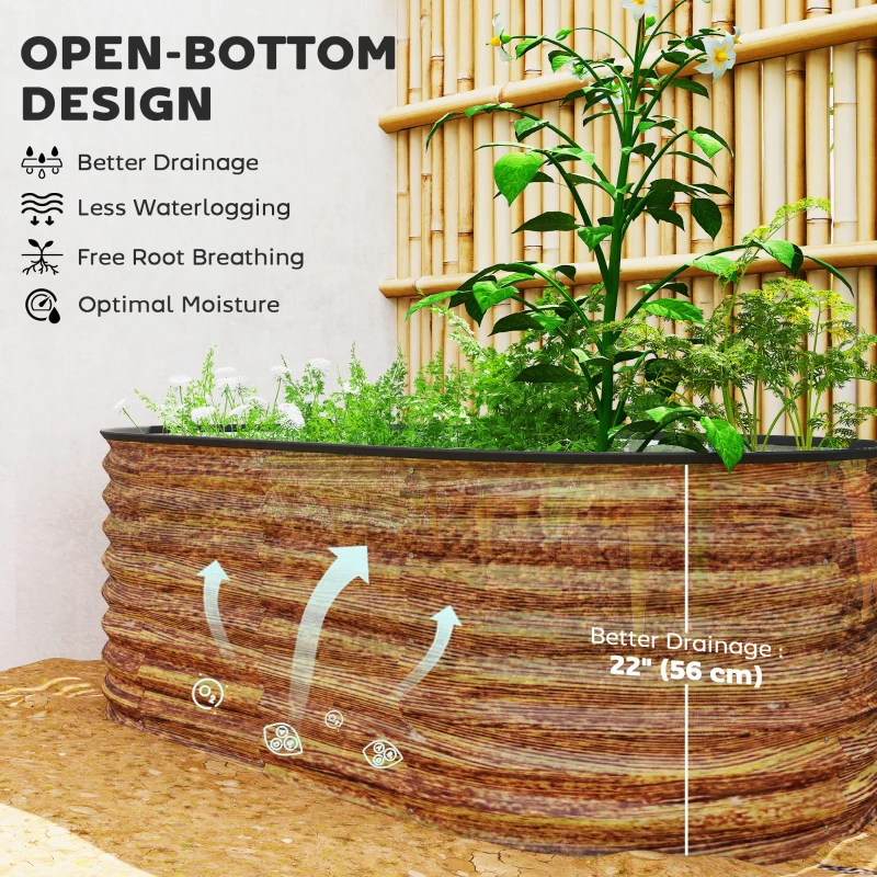 Outsunny 5 x 2.5 x 2 ft Galvanized Raised Garden Bed, Easy DIY Oval Planter Box with Safety Edging and Gloves, Brown Wood Effect