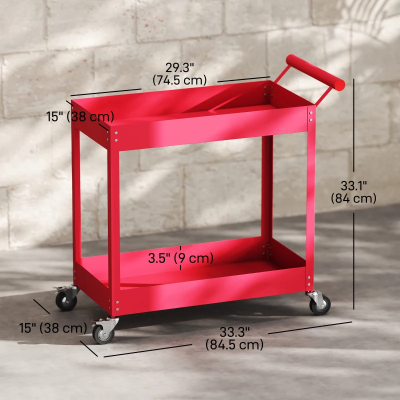DURHAND Rolling Tool Cart, 2 Tier Mobile Service Utility Cart with Wheels, Red
