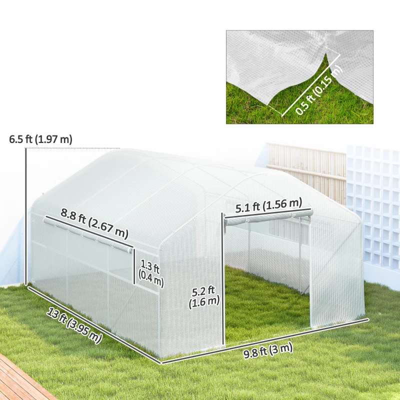 Outsunny Walk-in Tunnel Greenhouse with Galvanized Steel Frame and Windows, Garden Planting Warm House, 13' x 10' x 6.5' , White