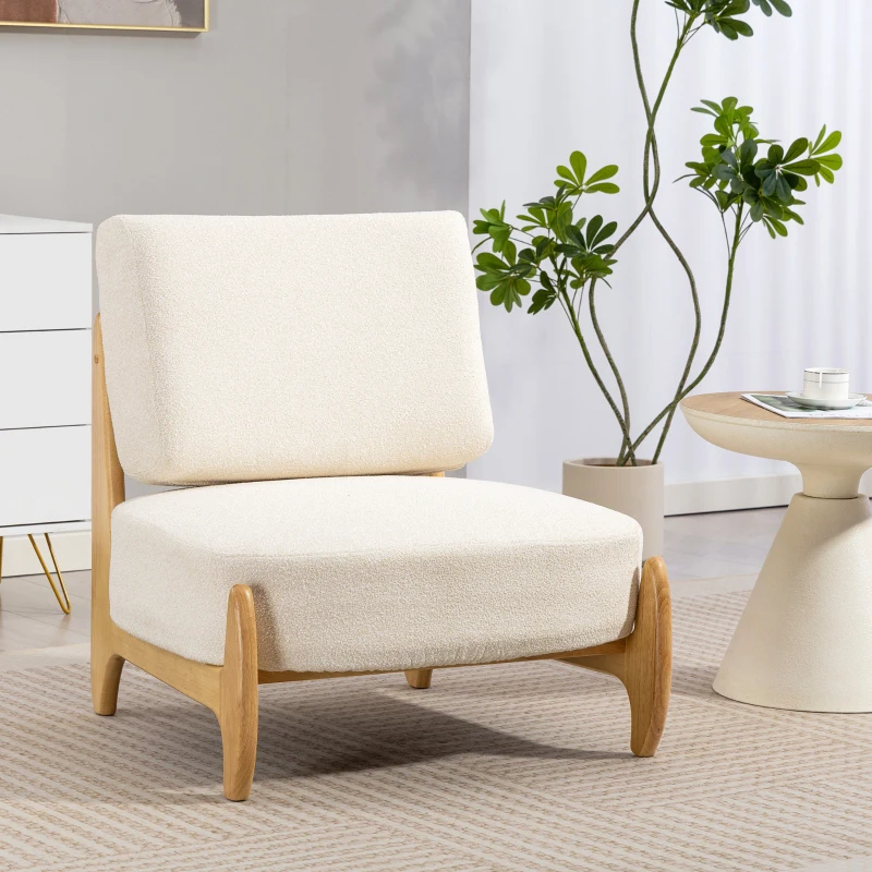 HOMCOM Accent Chair with Rubber Wood Frame, Wide Seat, Modern Chenille Bedroom Chair with Thick Cushion, Cream White