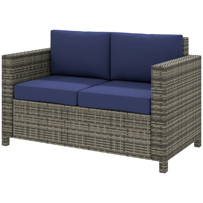 Outsunny Wicker Outdoor Sofa, All Weather Patio Couch Loveseat with Cushions for Balcony, Deck, Garden, Poolside, Dark Blue