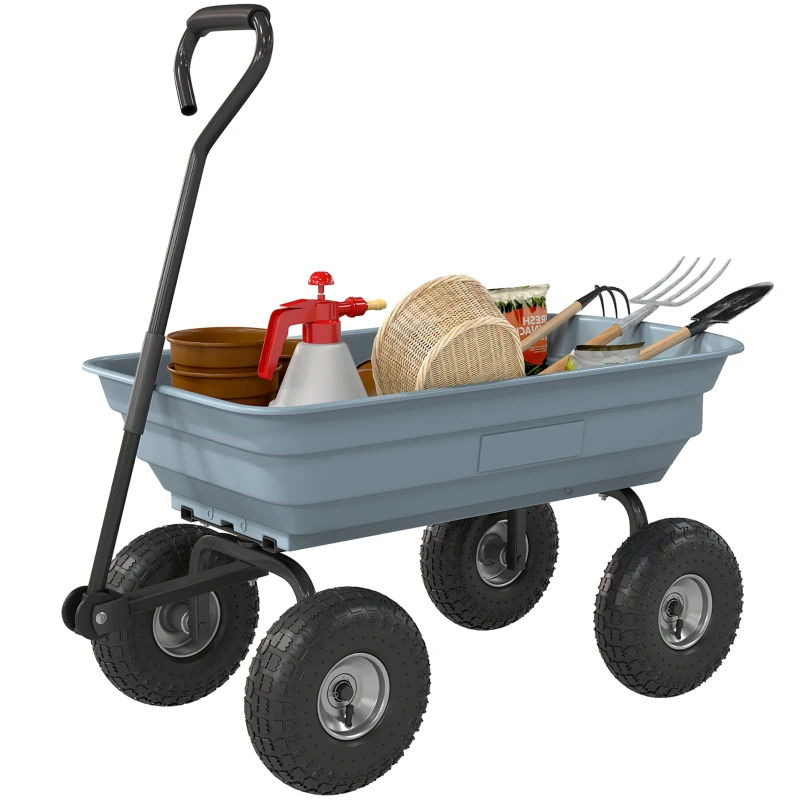 Outsunny Steel Garden Cart with Handle and 10" Pneumatic Tires, Utility Wagon Cart for Garden Patio Lawn, 551lbs Capacity, Grey