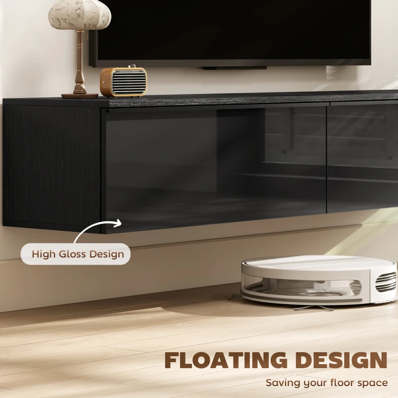 HOMCOM Wall Mounted TV Stand, Floating TV Cabinet with Storage, for TVs up to 70", High Gloss Effect, Black