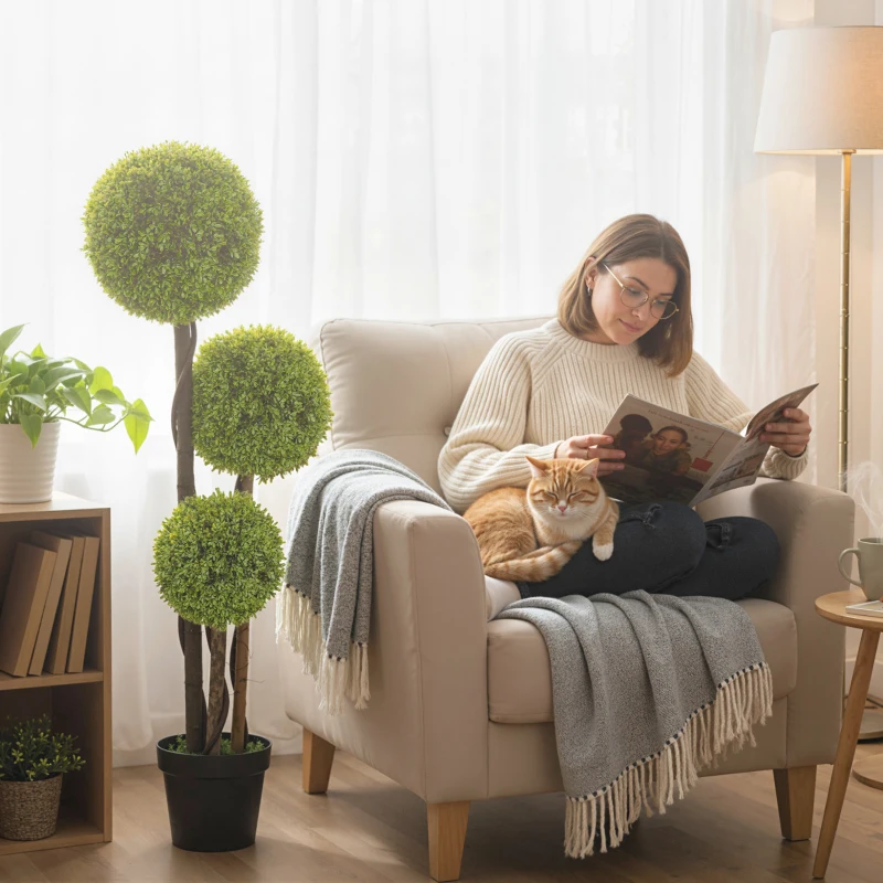 HOMCOM 45 Inch Potted Fake Plant Set of 2, Artificial Boxwood Topiary Tree, Triple Ball Tree for Indoor and Outdoor, Green