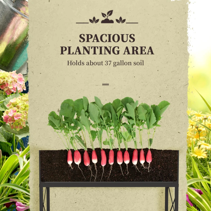 Outsunny Galvanized Raised Garden Bed, Metal Planter Box with Bed Liner and Storage Shelf, for Vegetables Flowers Herbs, Black