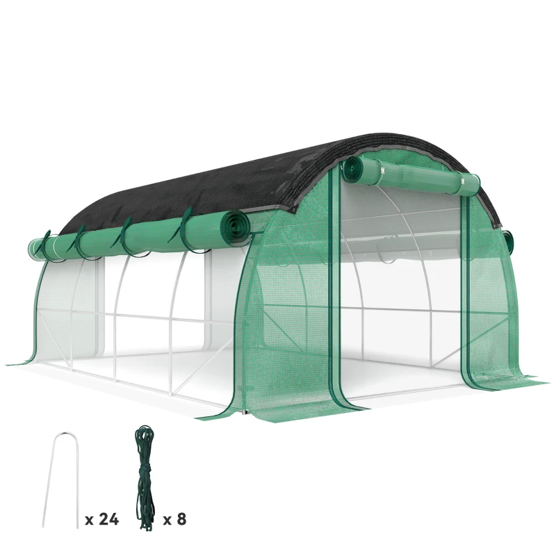 Outsunny Walk-in Tunnel Greenhouse, Plant Hot House with Sunshade Net, Roll-up Mesh Sidewalls, 2 Doors, 10' x 13' x 6.5' , Green