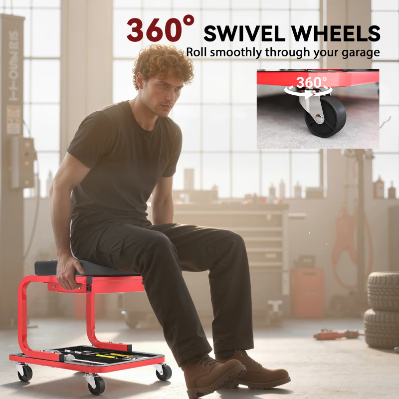 HOMCOM Rolling Garage Stool, 300 LBS Capacity Mechanic Stool with, Tool Trays Storage, Drawer, Black