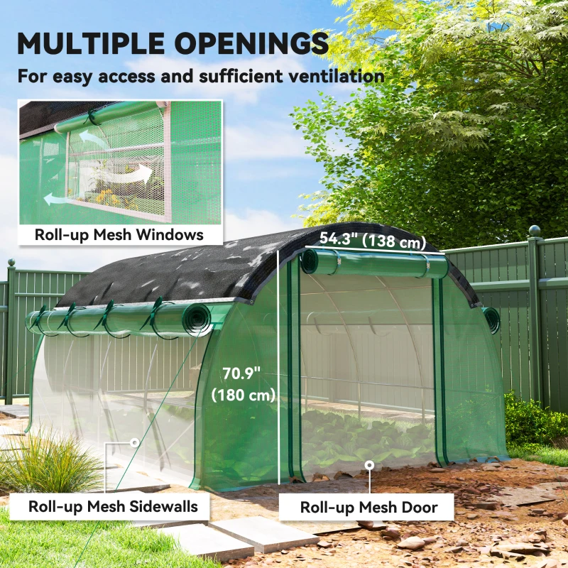 Outsunny Walk-in Tunnel Greenhouse, Plant Hot House with Sunshade Net, Roll-up Mesh Sidewalls, 2 Doors, 10' x 13' x 6.5' , Green
