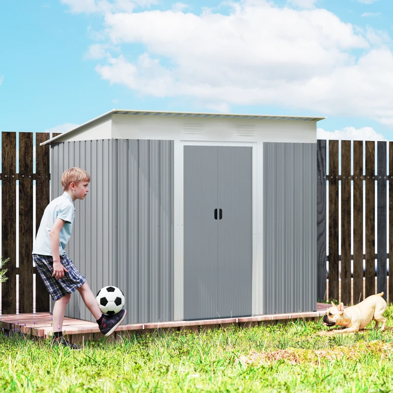 Outsunny 7' x 4' Outdoor Storage Shed, Metal Garden Shed with Lockable Sliding Doors and Vents, Grey