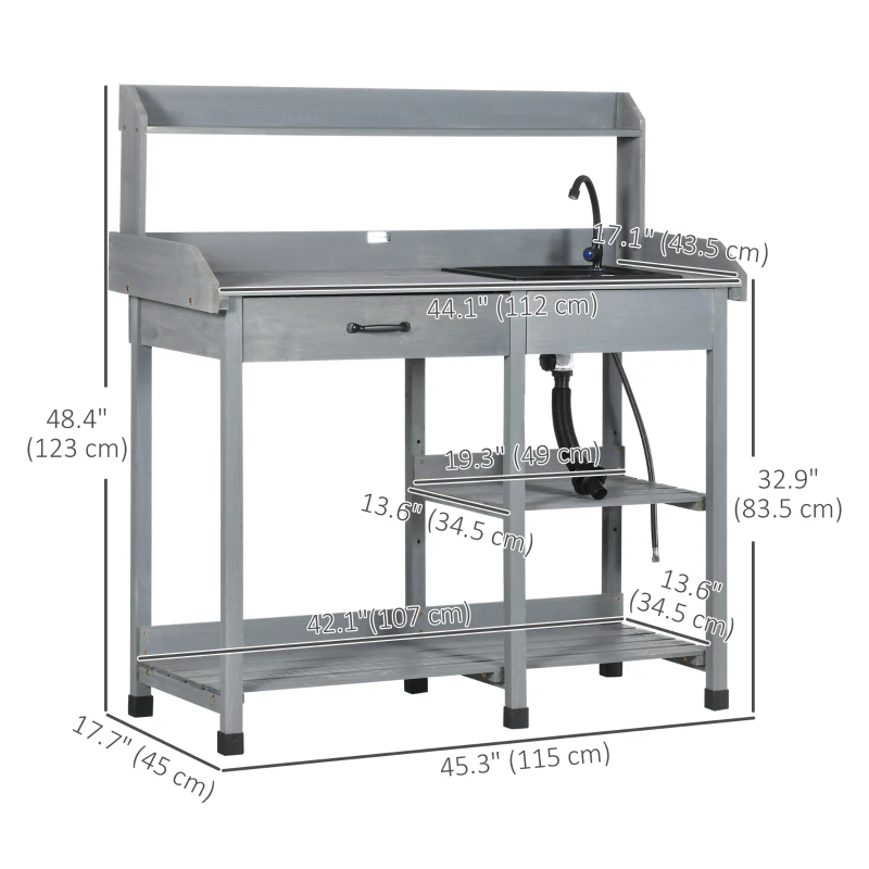 Outsunny Potting Bench Table Garden Work Bench Workstation with Drawer, Removable Sink and Hooks, 45.3" x 17.7" x 48.4", Grey