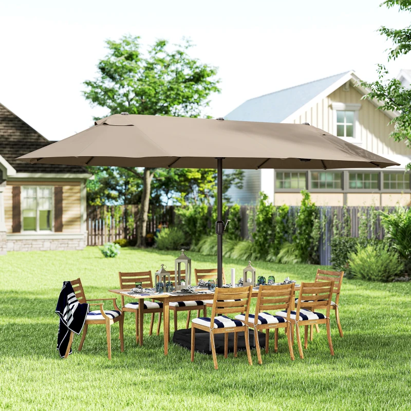 Outsunny 15' Outdoor Patio Umbrella with Twin Canopy Sunshade Steel Table Umbrella w/ Lift Crank, Cross base, Sandbag, Brown