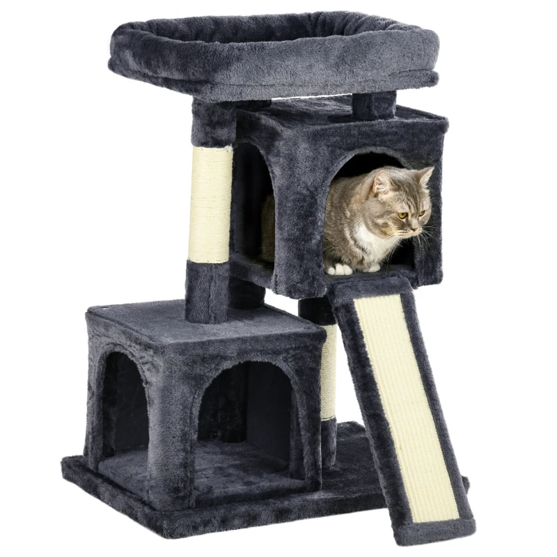 PawHut Plush Cat Tree Tower w/ Sisal Scratching Post Board Perch Condo Dark Grey