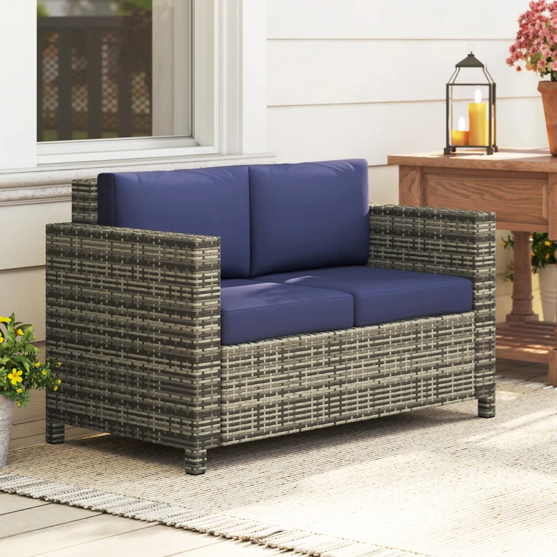 Outsunny Wicker Outdoor Sofa, All Weather Patio Couch Loveseat with Cushions for Balcony, Deck, Garden, Poolside, Dark Blue