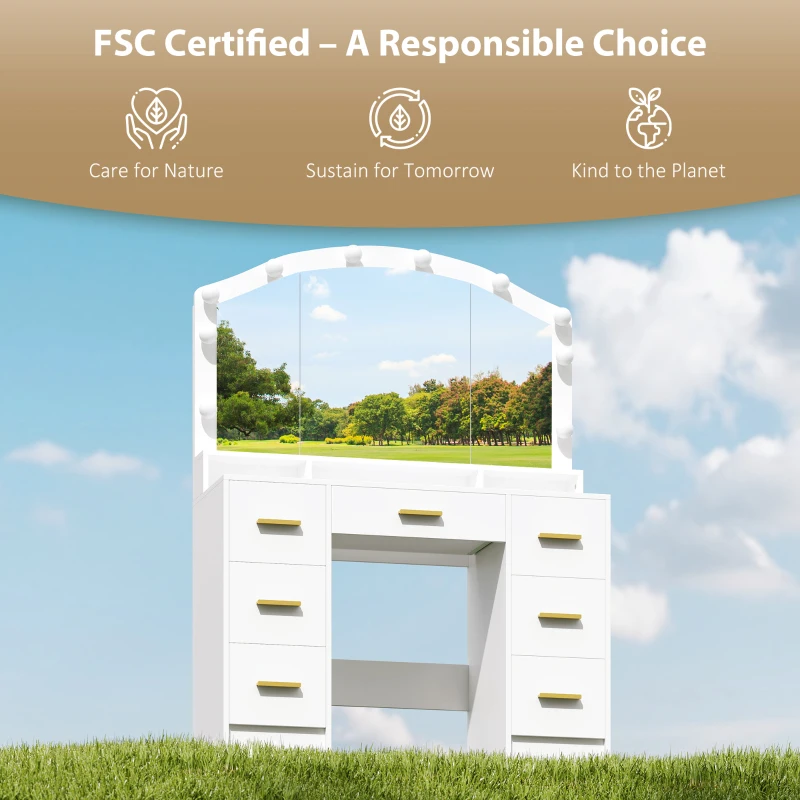 HOMCOM Makeup Vanity with Mirror and 10 LED Lights, 3 Colour Adjustable, Dressing Table with 7 Drawers, 3 Compartments, White