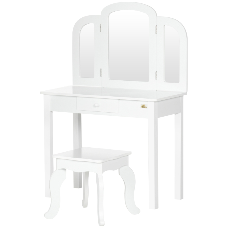 Qaba Kids Vanity Table & Chair Set, Girls Dressing Set, Make Up Desk with Tri-folding Mirrors, Drawer, White