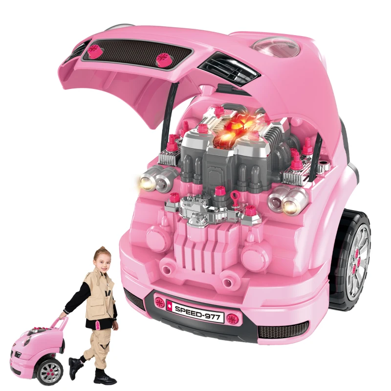 Qaba Mechanic Kids Truck Engine Toy Set, Car Service Play Set, Pink