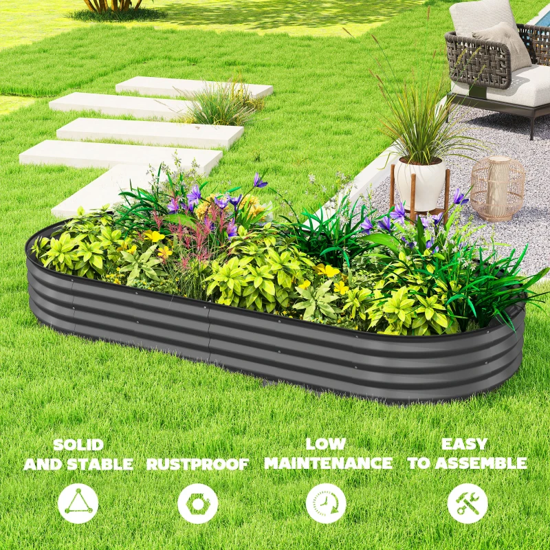 Outsunny 7' x 3' x 1' Large Outdoor Planter Box, Galvanized Raised Garden Bed with Metal Plant Stake, Dark Grey