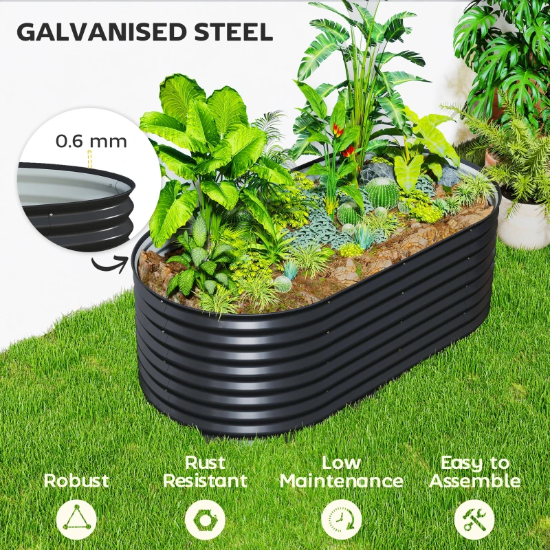 Outsunny 5 x 2.5 x 2 ft Galvanized Raised Garden Bed, Easy DIY Oval Planter Box with Safety Edging and Gloves, Black