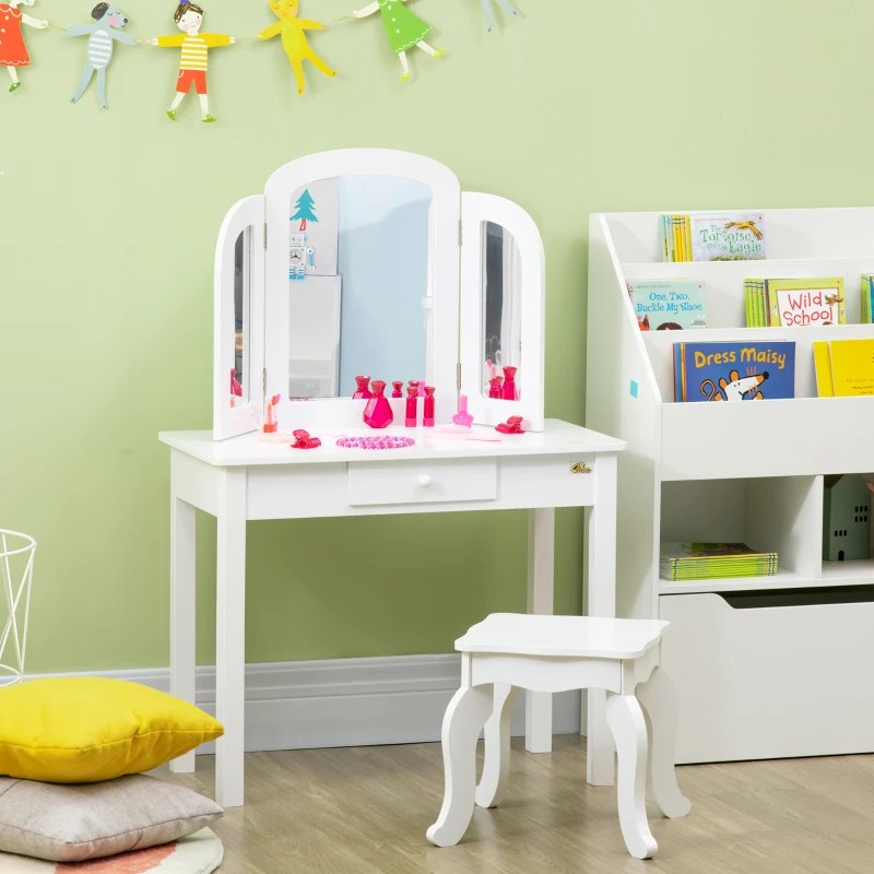 Qaba Kids Vanity Table & Chair Set, Girls Dressing Set, Make Up Desk with Tri-folding Mirrors, Drawer, White