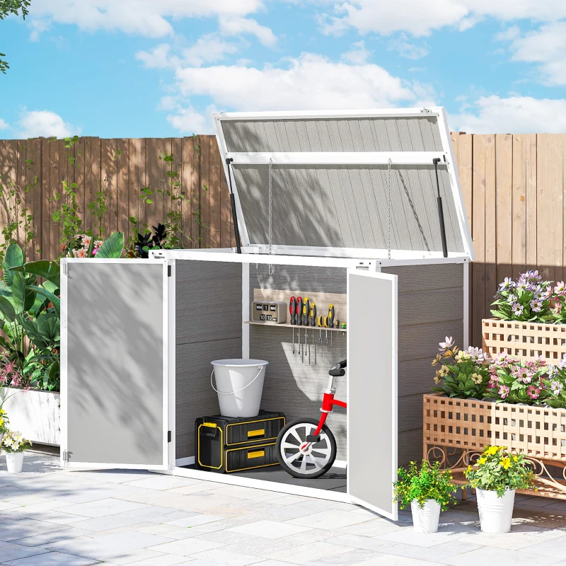 Outsunny 41 Cu. Ft. Outdoor Storage Shed, Outdoor Horizontal Trash Can Storage with Chain Lid, Lockable Storage Box, Light Grey