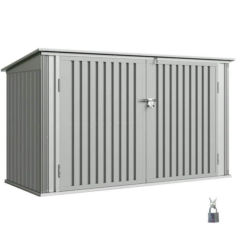 Outsunny 7.6 x 3.4ft Outdoor Storage Shed, 3 Garbage Bin Shed Organizer with Lockable Double Doors, Openable Lid, Silver Grey