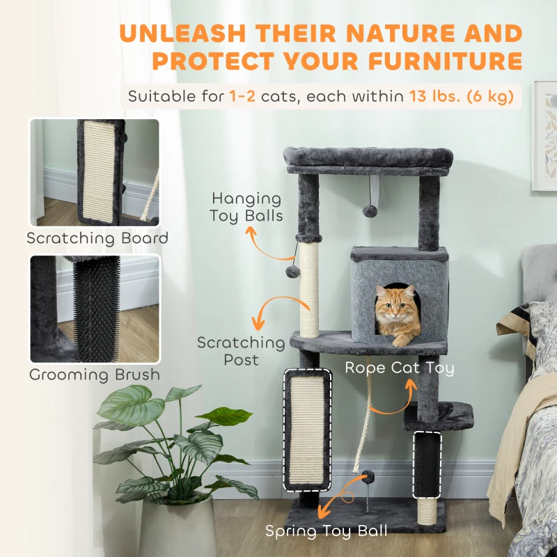 PawHut 52 Inch Cat Tree with Scratching Posts, Cat Bed, Condo, Grooming Brush, Jumping Platforms, Toy Balls, Anti-tip Kit