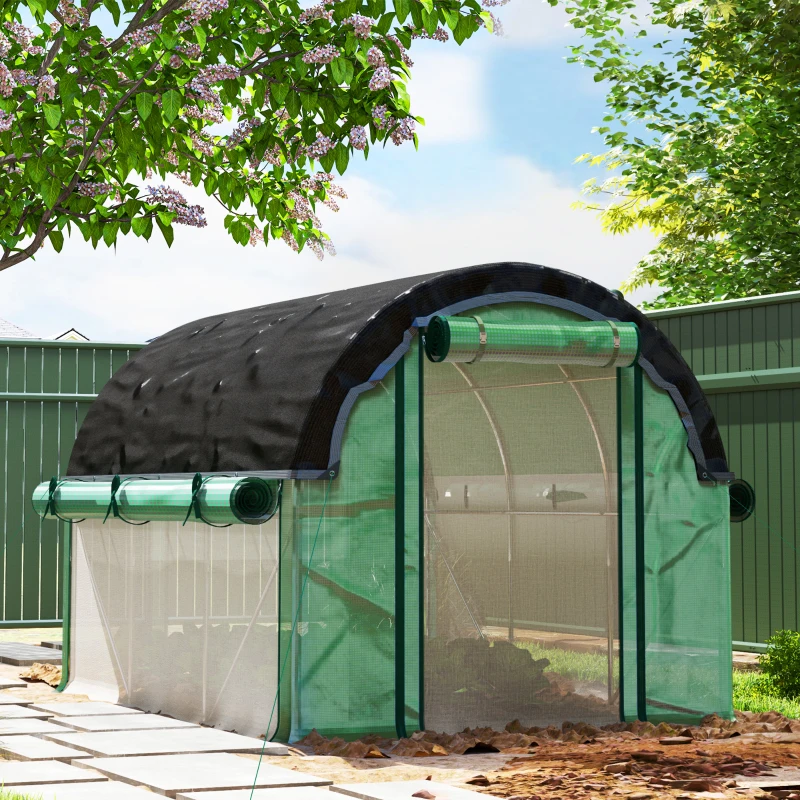 Outsunny Walk-in Tunnel Greenhouse, Plant Hot House with Sunshade Net, Roll-up Mesh Sidewalls, 2 Doors, 6.6' x 10' x 6.5' , Green