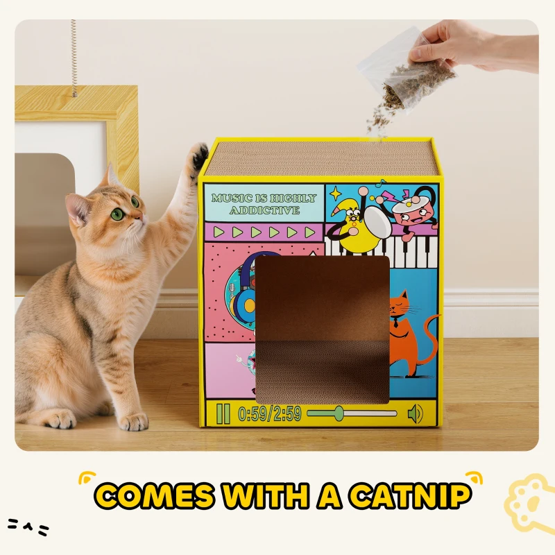 PawHut 2 in 1 Cardboard Cat House, Cat Scratcher for Indoor Cats with Scratching Board & Catnip
