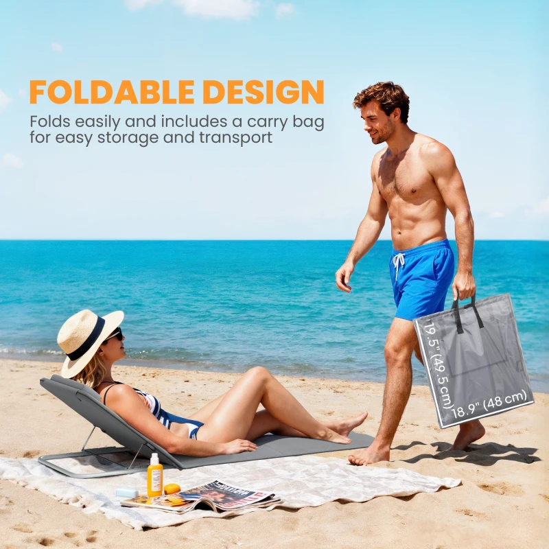 Outsunny 2 Pieces Beach Lounge Chair, Outdoor Folding Chaise Lounge Set w/ Pillow for Sunbath, Snap, Grey