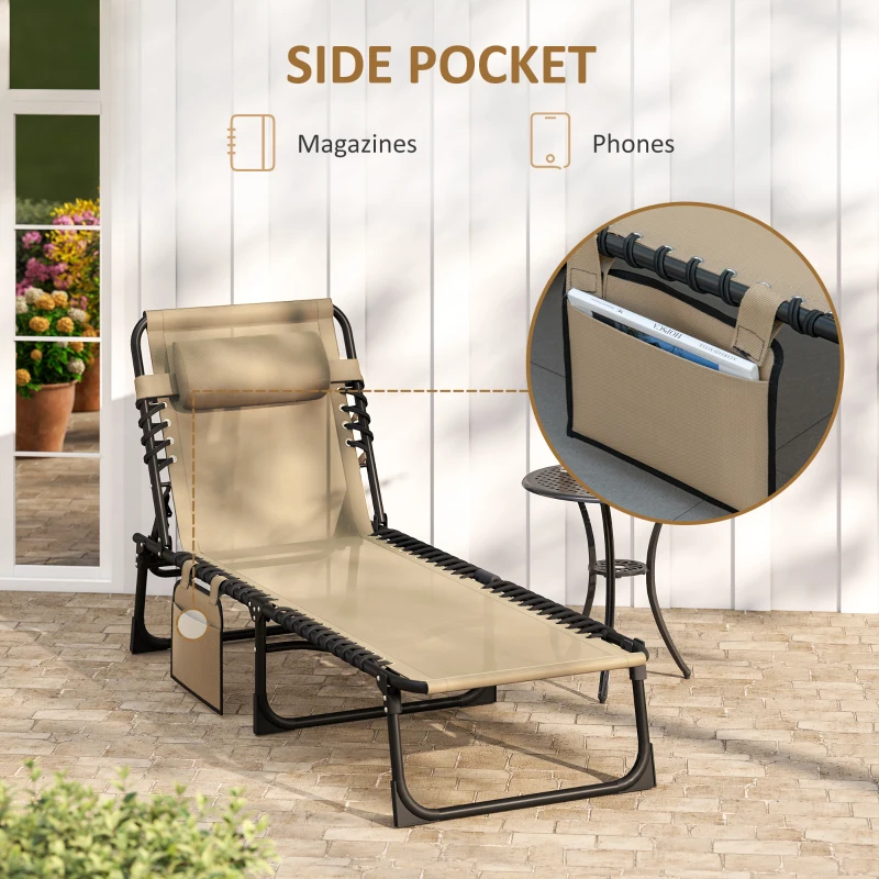 Outsunny Outdoor Folding Chaise Lounge, Reclining Lounge Chair with Adjustable Backrest and Removable Pillow, Beige