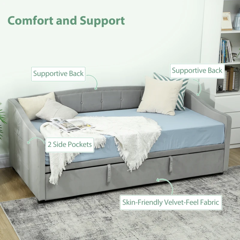 HOMCOM Upholstered Twin Size Trundle Bed, Velvet Twin to King Day Bed with Pop Up Trundle, Headboard and 2 Pockets, Light Grey