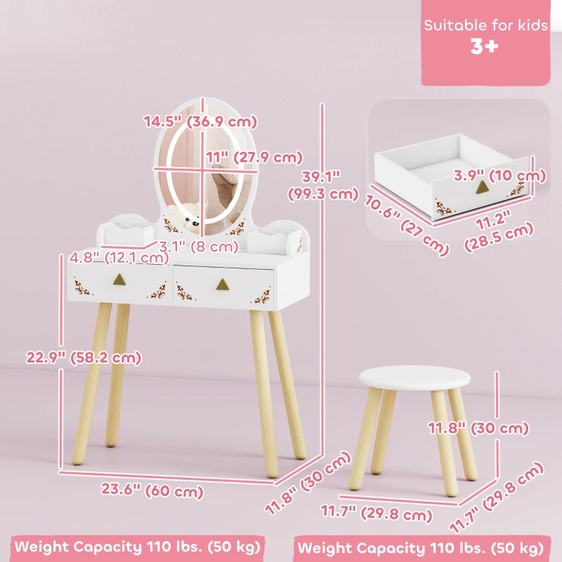 Qaba Kids Vanity Set with Mirror, Stool, 3-Colour LED Lights, Girls Dressing Table Pretend Play for Kids Room, Pink