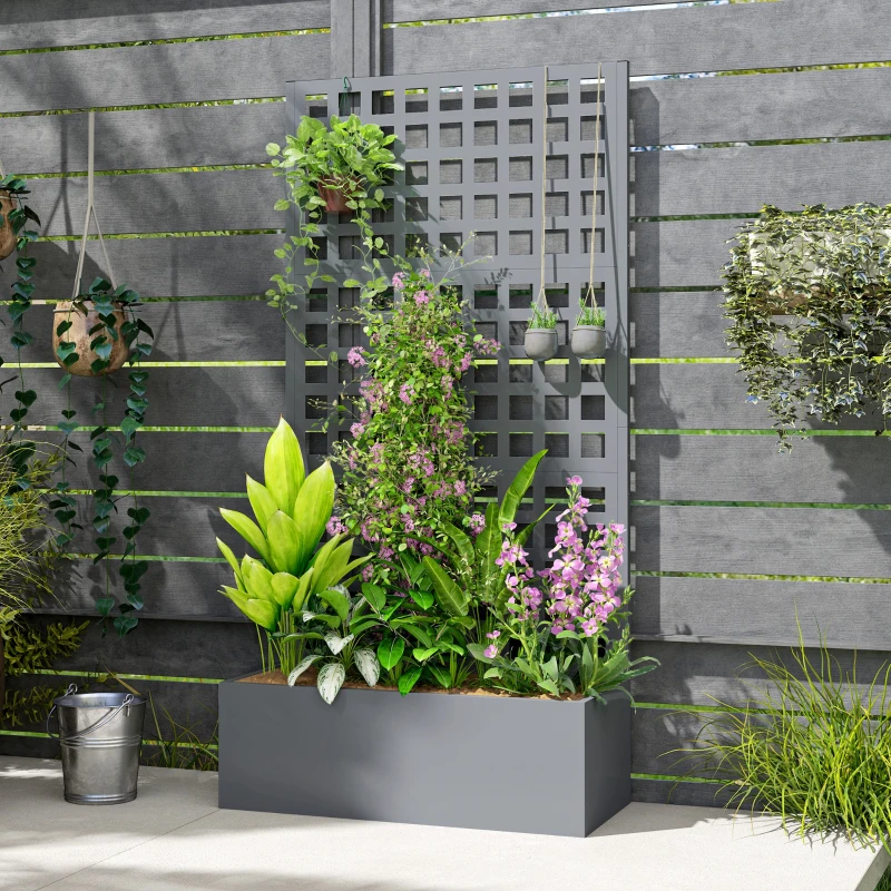 Outsunny Galvanized Raised Garden Bed Planter Box with Trellis for Climbing Plant, Vegetable, Vine, 35"x16"x70" Grey Wood Effect