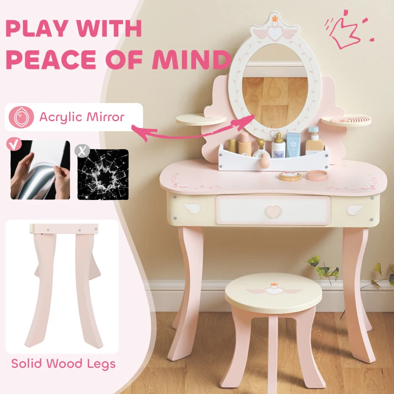 Qaba Kids Vanity Set, Girls Dressing Table with Mirror and Stool, 7 Accessories, Drawers, Desktop Storage, Pink