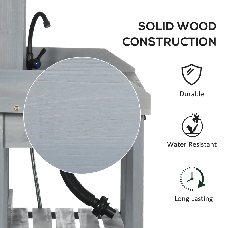 Outsunny Potting Bench Table Garden Work Bench Workstation with Drawer, Removable Sink and Hooks, 45.3" x 17.7" x 48.4", Grey