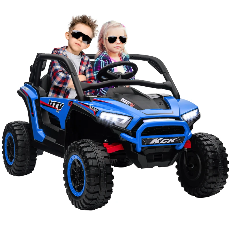 Qaba 2 Seater 24V 7AH Ride on Truck, Electric Car for Kids w/ Spring Suspension, Remote Lights, Horn, Music, Blue