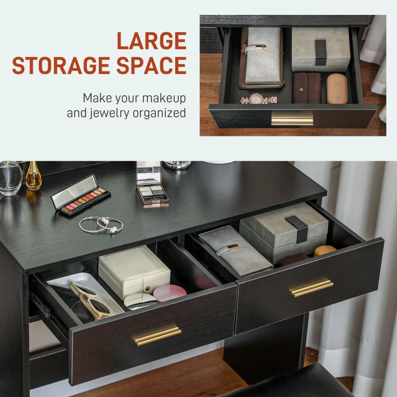 HOMCOM Makeup Vanity Desk Set with Stool, Dressing Table with LED Lighting Mirror, Drawers, for Bedroom, Black