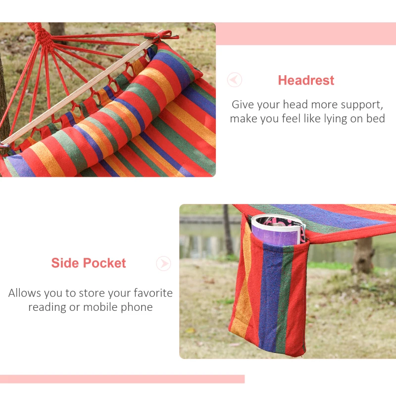 Outsunny Cotton Hammock Portable Soft Swing Sleeping w/ Headrest & Side Pocket Deluxe Swing Chair for Beach, Yard, Bedroom, Patio, Porch, Indoor, Outdoor, Rainbow Stripes