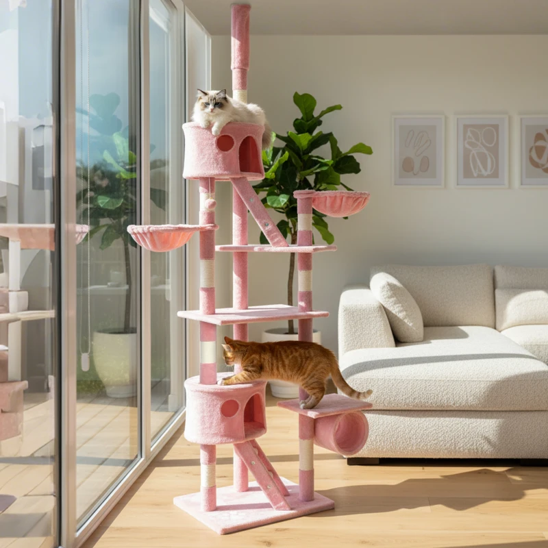 PawHut 94"-102" Floor to Ceiling Cat Tree High Cat Condo Scratching Post Activity Center Multi-Level Play House Pink