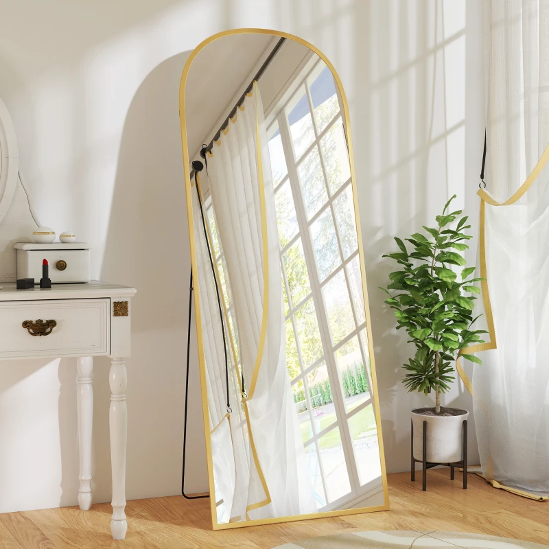 HOMCOM Arched Standing Mirror, 64" x 24" Full Length Mirror, Free Standing or Wall Mounted for Living Room, Bedroom, Gold