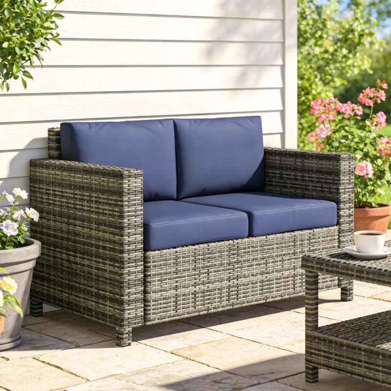 Outsunny Wicker Outdoor Sofa, All Weather Patio Couch Loveseat with Cushions for Balcony, Deck, Garden, Poolside, Dark Blue