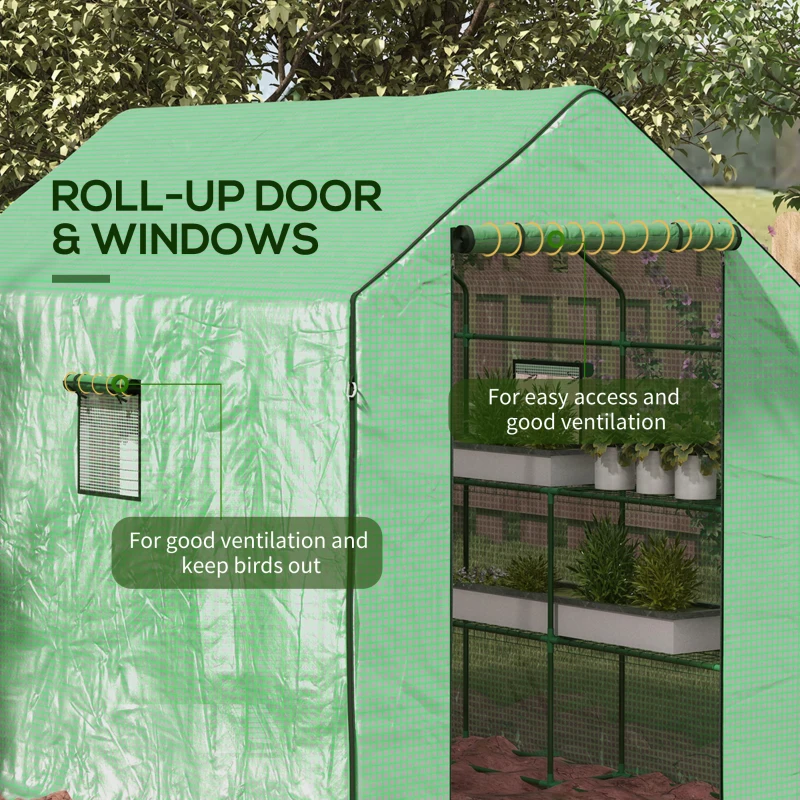 Outsunny Walk-in Greenhouse with 3 Tier, Garden Plant Growhouse with Roll-up Door and Mesh Windows, 140 x 213 x 190 cm, Green