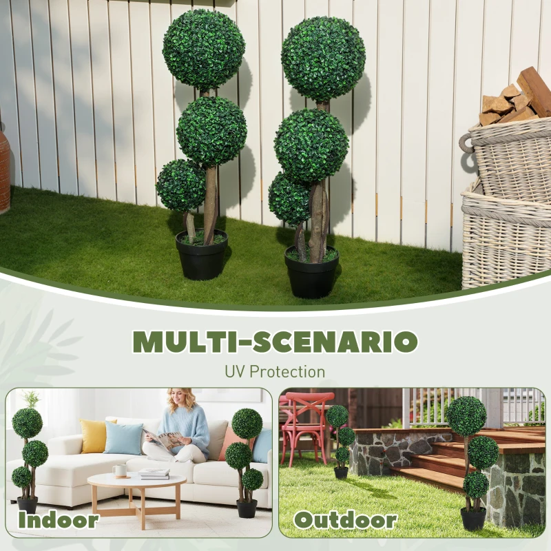 HOMCOM 35 Inch Potted Fake Plant Set of 2, Artificial Boxwood Topiary Tree, Triple Ball Tree for Indoor and Outdoor, Green