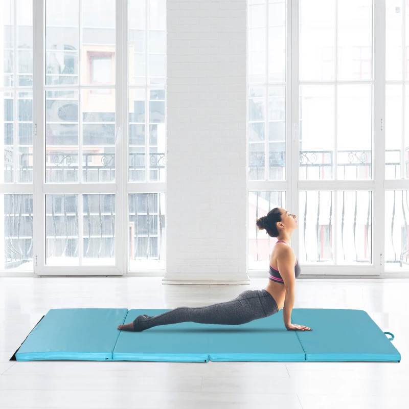 Soozier 4'x8'x2" Folding Gymnastics Tumbling Mat, Exercise Mat with Carrying Handles for Yoga, MMA, Martial Arts, Stretching, Core Workouts, Light Blue