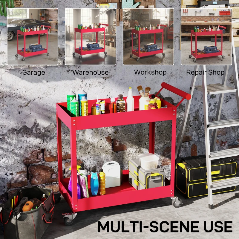 DURHAND Rolling Tool Cart, 2 Tier Mobile Service Utility Cart with Wheels, Red