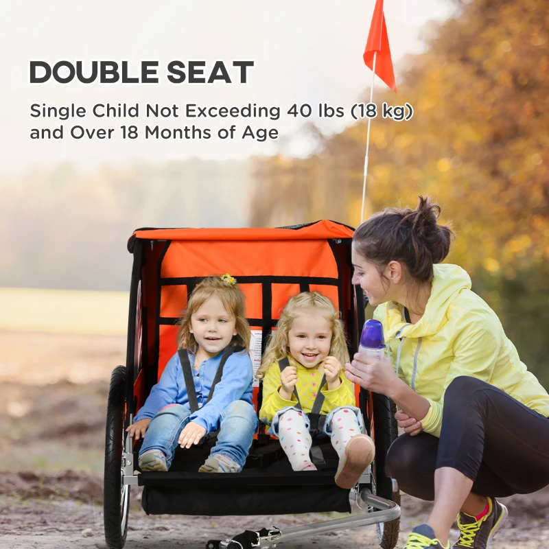 Aosom 2-Seat Child Bike Trailer for Kids with a Strong Steel Frame, 5-Point Safety Harnesses, & Comfortable Seat, Orange